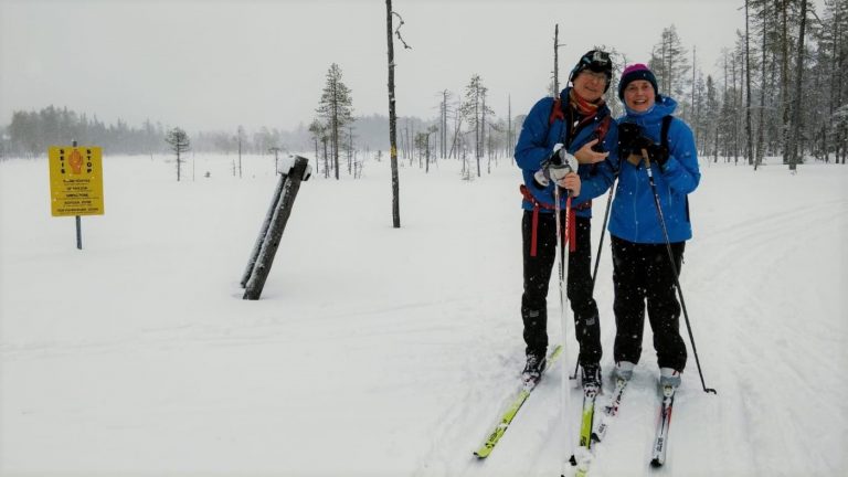 Skiers on the Russian border.